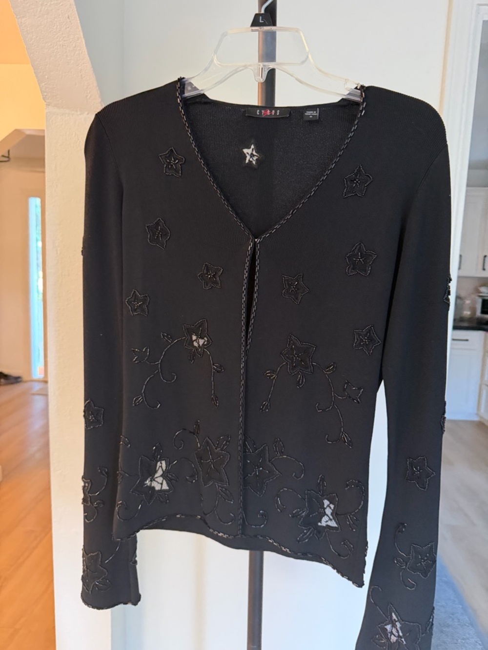 Vintage Cyrus Black Beaded Star Cardigan Sheer Y2K 90s Embroidered